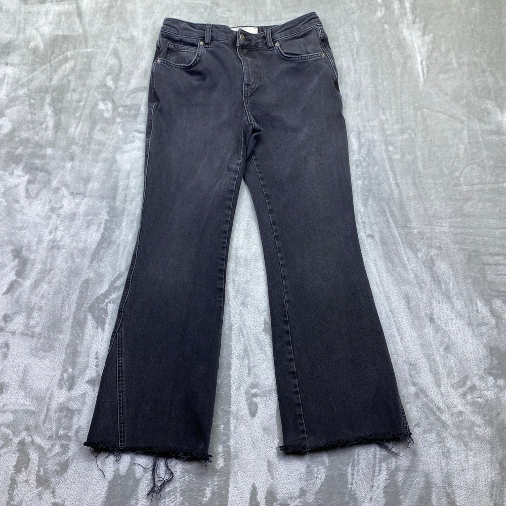 Free People Womens Jeans Sz 27R Black Cropped Flare Frayed Hem Denim Pants Retro